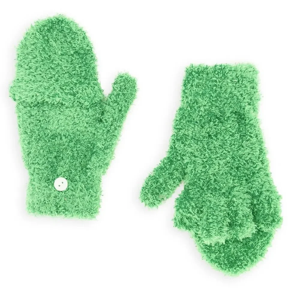 New Fashion Nova Fuzzy Flip Top Gloves Mittens Green Button Winter Fingerless